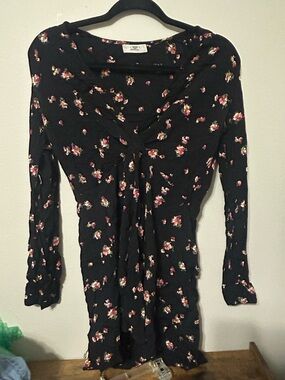 Flynn Skye Black Floral mini long sleeve dress with Pink and Cream Blossoms